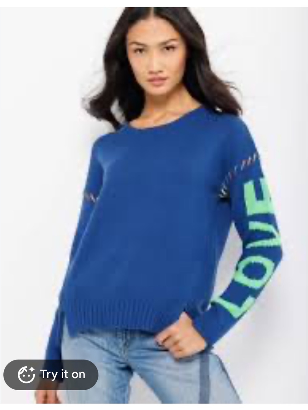Lisa Todd Blue Crewneck Sweater with Green 'LOVE' Sleeve size S. Euc. No flaws.